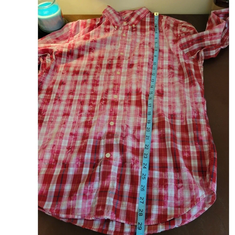 Banana Republic Shirt Slim Fit Plaid Tie Dye Distressed Grunge Red Mens Large L